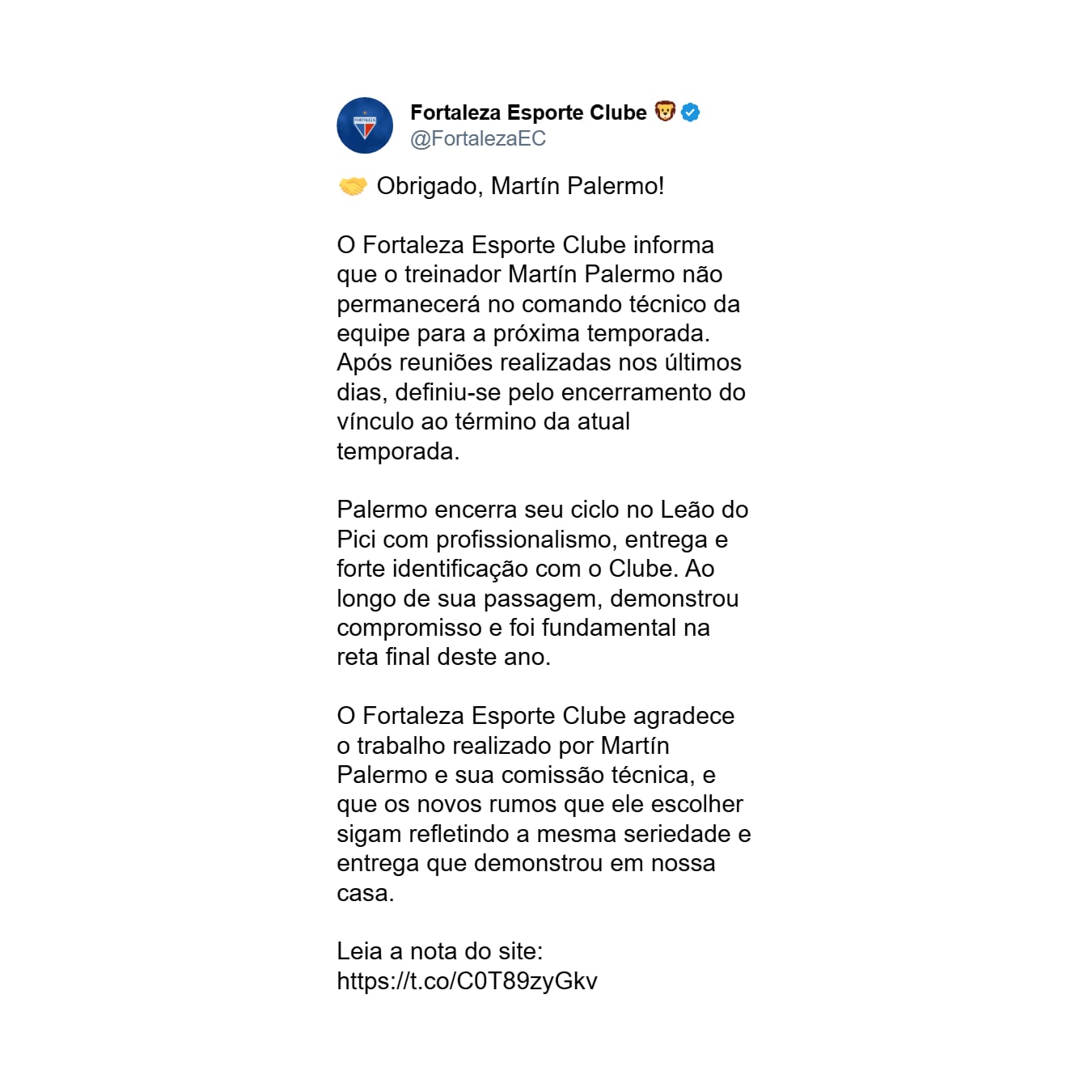 Fortaleza anunció la salida de Martín Palermo