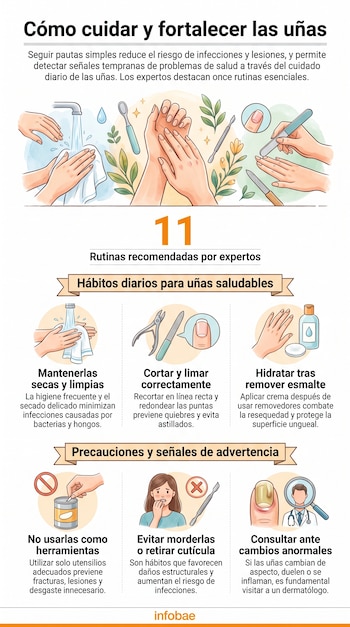 Manos bajo el grifo y con toalla, instrumental de manicura, crema, mano abriendo lata, mujer mordiéndose las uñas, doctor con lupa.