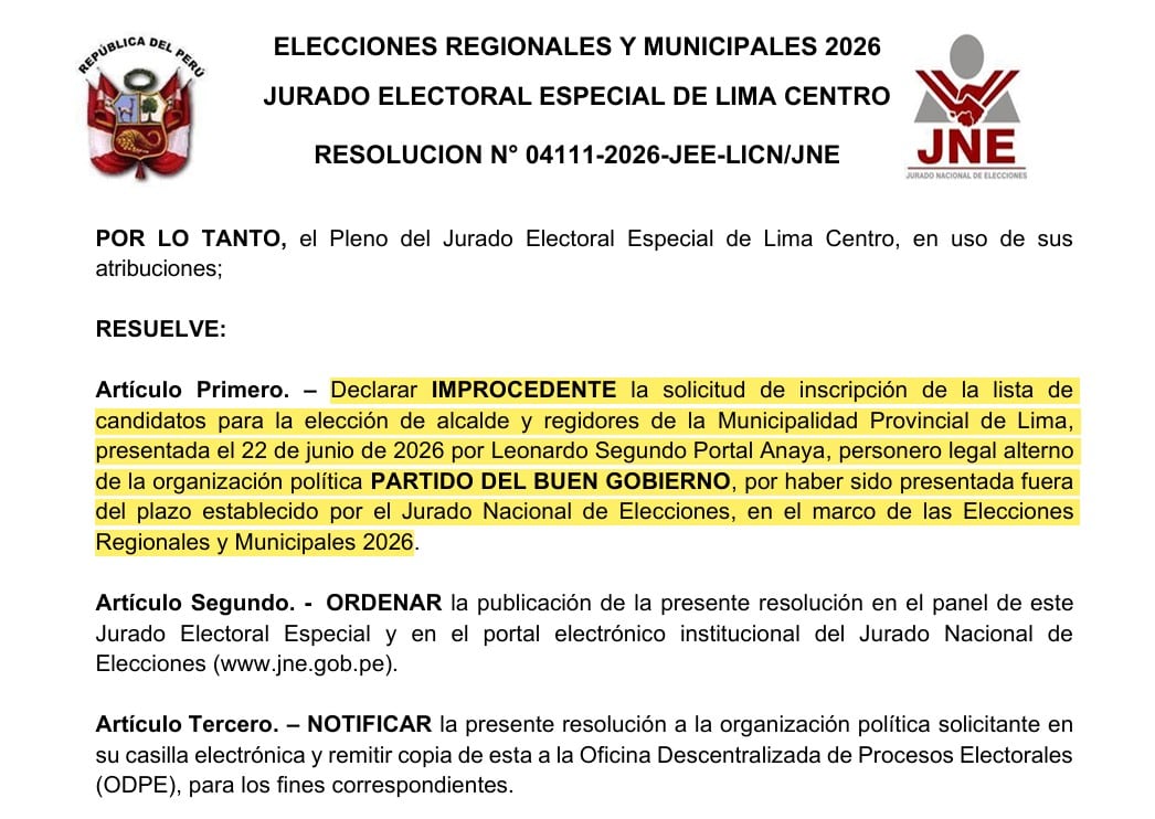El Jurado Electoral Especial de Lima Centro declara improcedente la solicitud de inscripción de la lista de candidatos del Partido del Buen Gobierno para las Elecciones Regionales y Municipales de 2026.