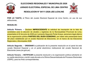 Documento de resolución electoral con el escudo nacional de Perú y el logo del Jurado Nacional de Elecciones. El texto contiene resaltados amarillos