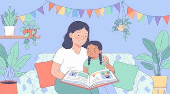 Una mujer de cabello oscuro y una niña con coletas sentadas en un sofá miran un libro. Hay plantas en macetas, un estante y banderines de colores.