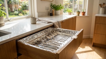Un cajón de cocina de madera claro está abierto, revelando cubiertos de metal brillantes sobre un forro de papel de aluminio arrugado. Luz solar inunda la escena.