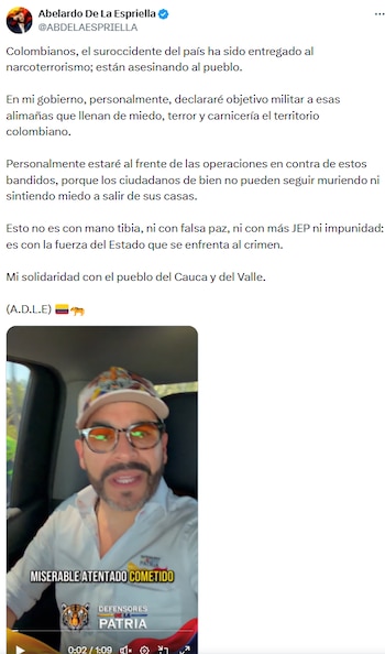 Abelardo de la Espriella prometió declarar objetivo militar a grupos armados si llega a la Presidencia - crédito @ABDELAESPRIELLA/X