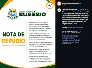 Documento oficial de la Prefectura Municipal de Eusébio, Brasil, titulado "Nota de Repudio", junto a una publicación en redes sociales sobre una suspensión deportiva