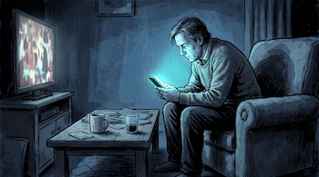 Ilustración de un hombre sentado en un sillón que mira un teléfono celular iluminado frente a un televisor encendido y una mesa.