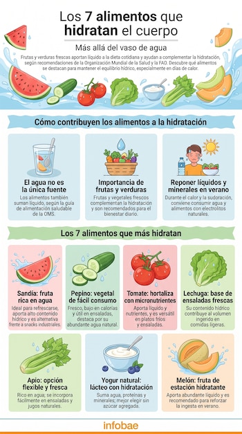 Siete ilustraciones de alimentos: sandía, pepino, tomate, lechuga, apio, yogur natural, melón, con textos sobre hidratación y el logo de Infobae.