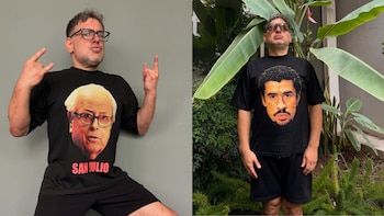 Díptico de Javier Masías: a la izquierda, posando con camiseta negra y gafas; a la derecha, de pie en un jardín con camiseta negra y gafas de sol