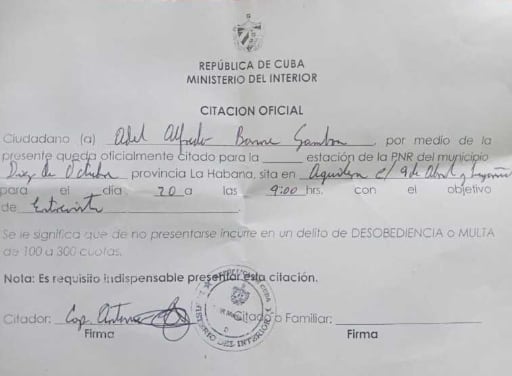 El Ministerio del Interior emitió una citación oficial para interrogar al periodista en la estación policial de Aguilera, en Diez de Octubre./ (CubaNet)