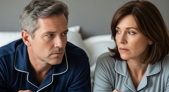 Primer plano de una pareja de mediana edad, un hombre y una mujer, acostados en la cama con pijamas, ambos con expresiones serias y la mirada fija.