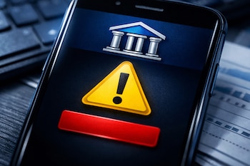 Pantalla de smartphone con logo de banco mexicano, ícono de advertencia amarillo con exclamación y botón rojo; fondo de teclado y documentos desenfocados.