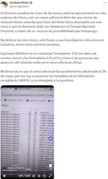 Gustavo Petro exigió investigación judicial por anomalías en el registro de votantes en las elecciones del 31 de mayo - crédito @petrogustavo/X