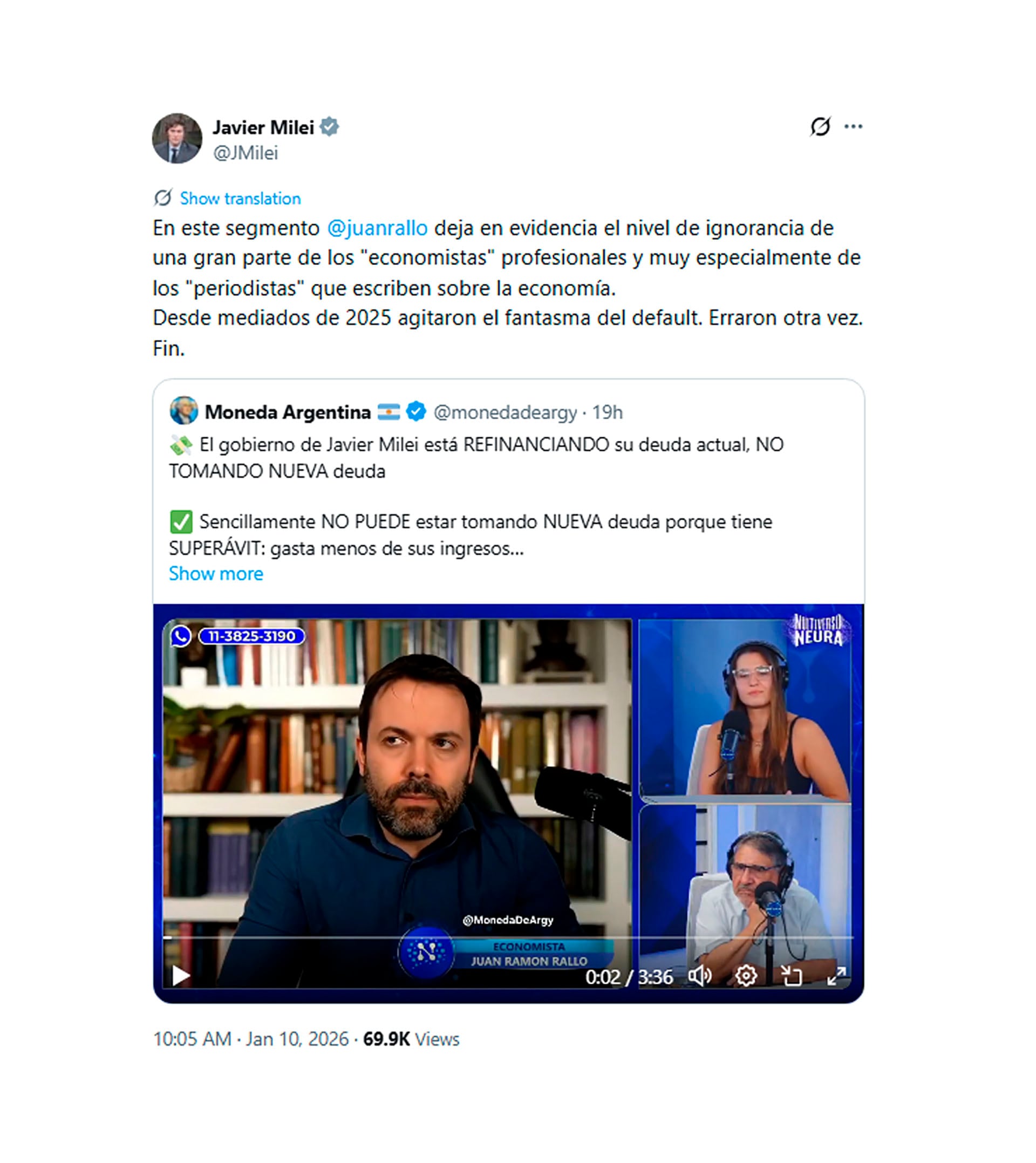 El tuit de Javier Milei que difundió el análisis del economista Juan Ramón Rallo