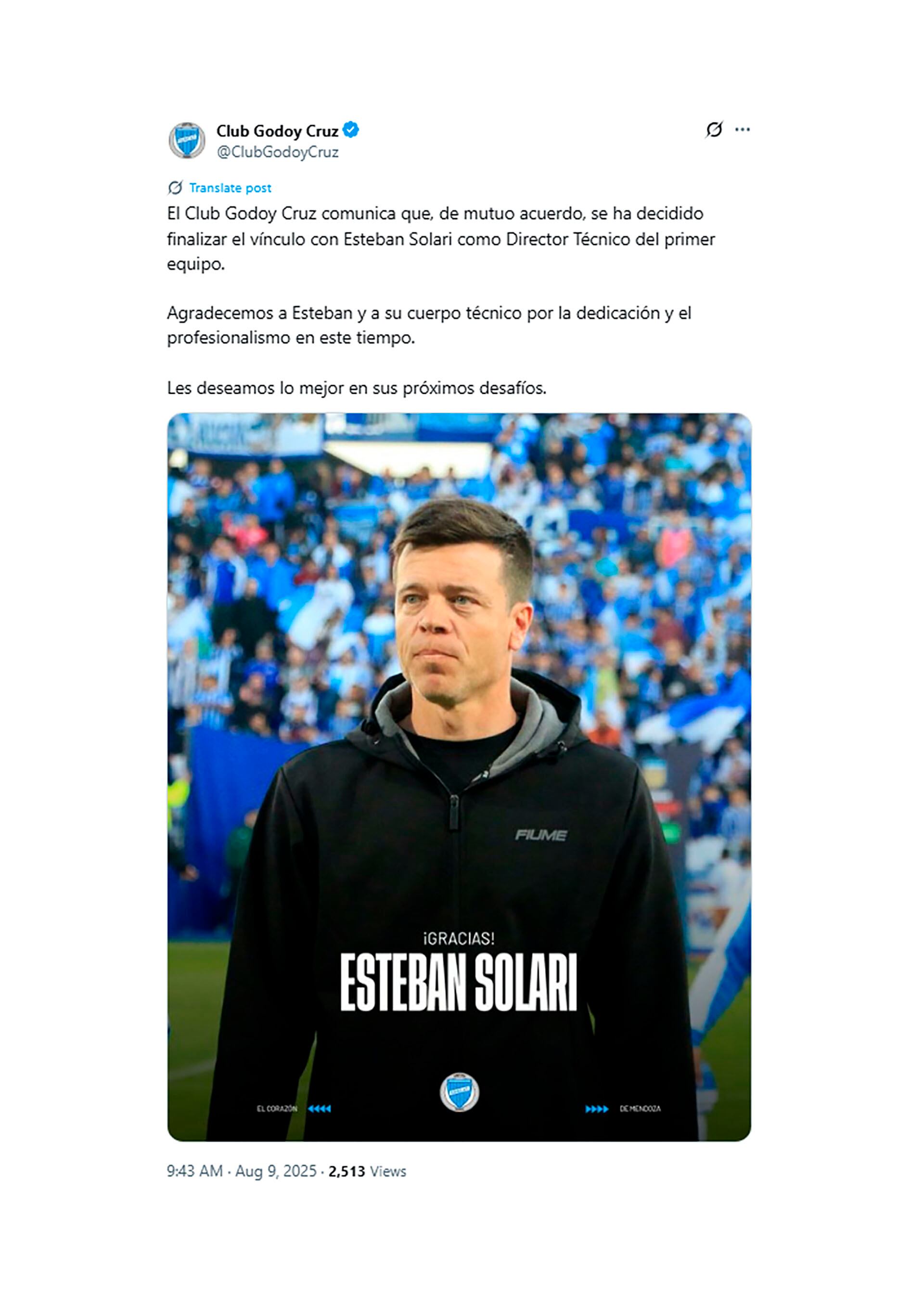 Godoy Cruz informó la salida de Solari a las 9:43 de este sábado