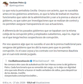 Gustavo Petro señaló que exfuncionarios acuden a la prensa por resentimiento tras investigaciones internas - crédito @petrogustavo/X