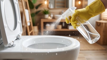 Primer plano de una mano con guante amarillo rociando vinagre blanco de una botella transparente sobre una taza de inodoro impecable con brillos.