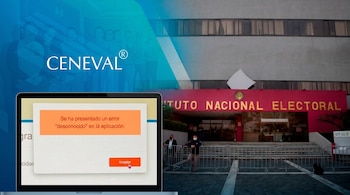 Pantalla de laptop con mensaje de error "desconocido" sobre plataforma de examen, frente al edificio rojo del Instituto Nacional Electoral con barreras metálicas.