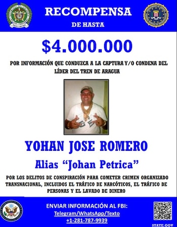 Por alias Johan Petrica el gobierno de los EE. UU. mantiene vigente el pago de una recompensa de 4 millones de dólares - crédito Departamento de Estado