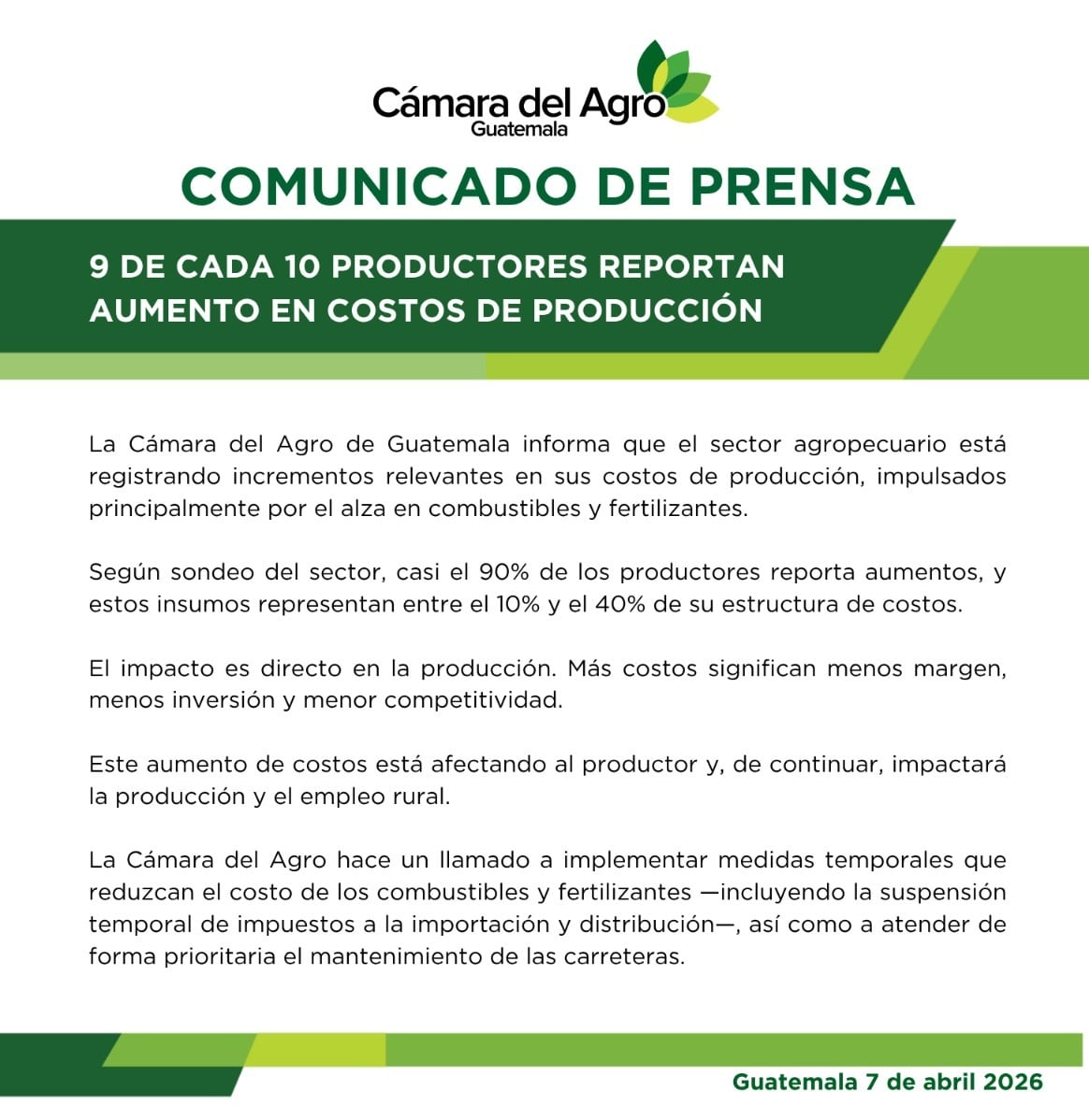 Cámara del Agro advierte que los insumos críticos como combustibles y fertilizantes alcanzan hasta el 40% de la estructura de costos agropecuarios. (Cortesía: Cámara del Agro)