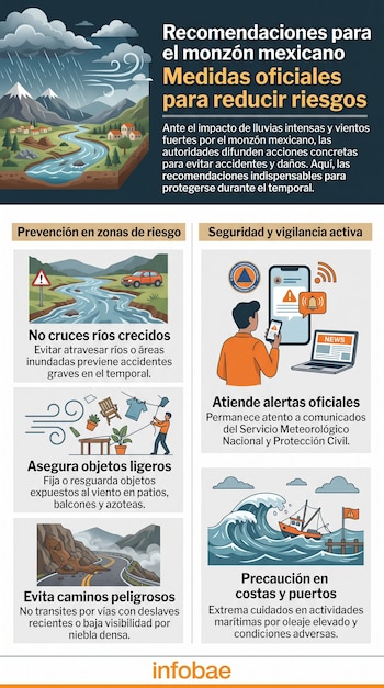 Infografía sobre el monzón mexicano con ilustraciones de un río desbordado, un automóvil, viento, un barco y alertas en un teléfono móvil.