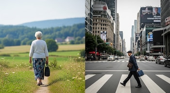 Fotografía compuesta de una mujer adulta mayor caminando por un camino rural verde a la izquierda y un hombre mayor cruzando una calle urbana concurrida a la derecha.