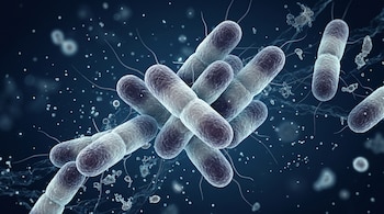 Bacterias alargadas con filamentos flotan en un espacio de color azul oscuro junto a partículas microscópicas.