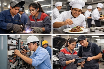 Collage de jóvenes peruanos en carreras técnicas: soldadura, cocina, electricidad y mecánica automotriz, mostrando aprendizaje práctico en diversas áreas.