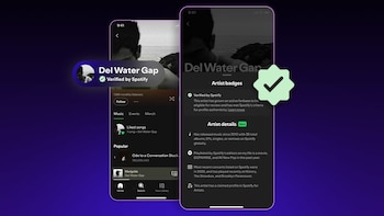 Dos capturas de pantalla de la aplicación Spotify en un teléfono móvil, mostrando el perfil del artista Del Water Gap y su estado 'Verificado por Spotify'