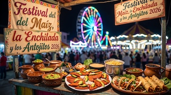Varios platos con enchiladas, tacos, salsas y maíz en un puesto con carteles, ante un parque de atracciones iluminado y desenfocado.