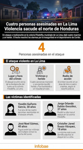 Infografía sobre el asesinato de cuatro personas en La Lima, Honduras, con una ilustración de calle con patrullas y cinta policial, e información de víctimas.