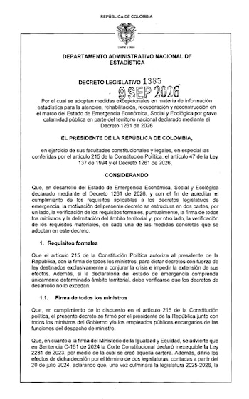 El Decreto 1385 introduce reglas excepcionales para el manejo de información estadística. Durante la emergencia, el Departamento Administrativo Nacional de Estadística (Dane) podrá suministrar a las entidades encargadas de la reconstrucción datos protegidos - crédito Dapre