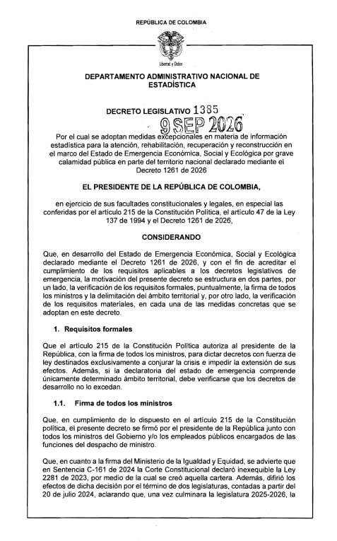 El Decreto 1385 introduce reglas excepcionales para el manejo de información estadística. Durante la emergencia, el Departamento Administrativo Nacional de Estadística (Dane) podrá suministrar a las entidades encargadas de la reconstrucción datos protegidos - crédito Dapre