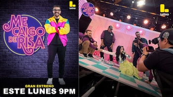 Imagen promocional de "Me caigo de risa Perú" con José Peláez y una escena de personas en un set de televisión con piso inclinado, siendo filmadas