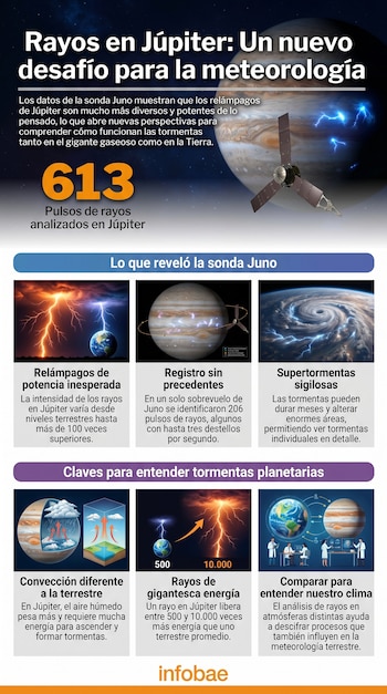 Infografía sobre los relámpagos en Júpiter, mostrando el planeta, la sonda Juno, gráficos de tormentas y comparaciones con la Tierra.