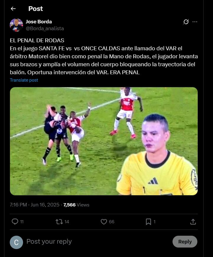 José Borda estuvo de acuerdo en la sanción de Luis Matorel tras el tiro penal a favor de Millonarios - crédito @Borda_analista / X