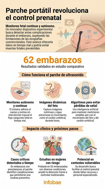 Infografía ilustra a mujer embarazada con parche de ultrasonido. Explica su funcionamiento para monitoreo fetal continuo y sus resultados clínicos.