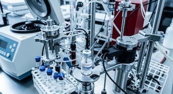 Laboratorio con equipo de bioquímica, tubos de ensayo en una gradilla, mangueras transparentes y un vial con la etiqueta ANTIDOTE.