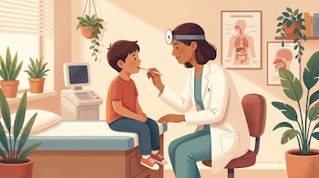 Ilustración de una doctora con linterna en la cabeza examinando la garganta de un niño sentado. El consultorio tiene plantas, una ventana y gráficos médicos.