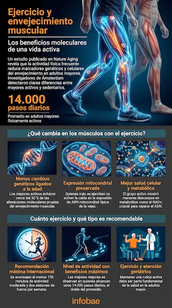 Figuras humanas (musculatura y estructuras moleculares). Infografía con texto, gráficos de ADN, mitocondrias, células e iconos de ejercicio. Fuente Infobae.
