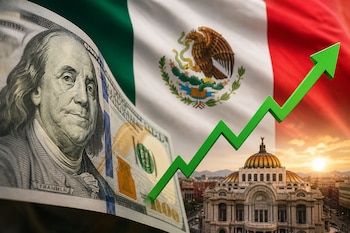 Un billete de cien dólares, una flecha verde ascendente, la bandera de México y el Palacio de Bellas Artes.