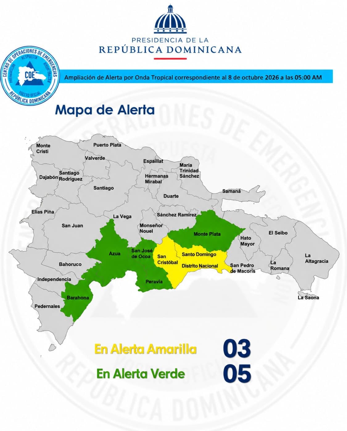 Mapa de alerta meteorológica emitido este 8 de octubre de 2026 por el Centro de Operaciones de Emergencias en la República Dominicana (Cortesía: COE).