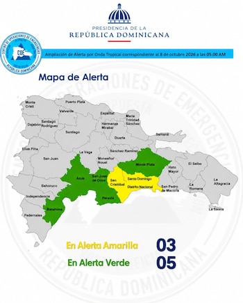 Mapa de alerta meteorológica emitido este 8 de octubre de 2026 por el Centro de Operaciones de Emergencias en la República Dominicana (Cortesía: COE).