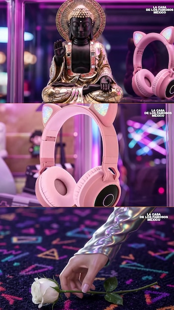 Estatua de Buda, auriculares rosas con orejas de gato, mano con manga iridiscente, rosa blanca, alfombra con patrón geométrico