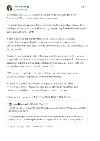 John Amaya le respondió a Isabel Zuleta