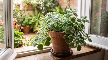 Una maceta de barro con una planta verde de hojas vellosas se encuentra en el alféizar de madera de una ventana abierta.