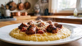 Plato blanco con polenta amarilla, trozos de salchicha, salsa roja, queso rallado y vapor. Fondo desenfocado de cocina con utensilios.