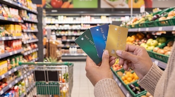 Primer plano de dos manos sosteniendo tres tarjetas de crédito (verde, azul y dorada) en un pasillo de supermercado, con estantes de productos y un carrito.