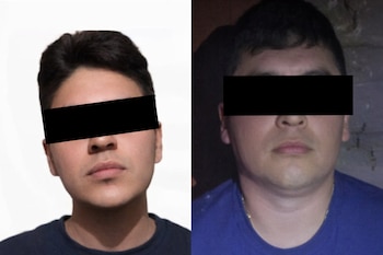 Dos retratos frontales de un hombre. Una barra negra cubre los ojos en ambas imágenes. El primer retrato tiene fondo blanco, el segundo tiene fondo oscuro.
