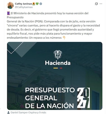 La representante Catherine Juvinao cuestionó las cifras y aseguró que el proyecto se aleja de la promesa de austeridad - crédito @CathyJuvinao/X