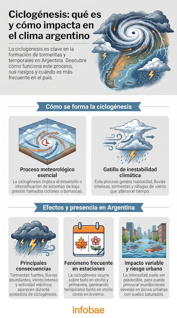 Infografía sobre la ciclogénesis en Argentina, mostrando un ciclón sobre el mapa del país, diagramas de su formación y efectos como inundaciones y tormentas.