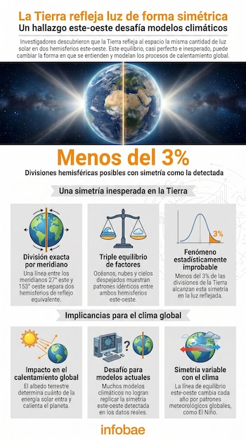 Infográfico mostrando o planeta Terra iluminado pelo sol no espaço. Abaixo estão várias fotos e diagramas que ilustram o conceito de simetria e clima global